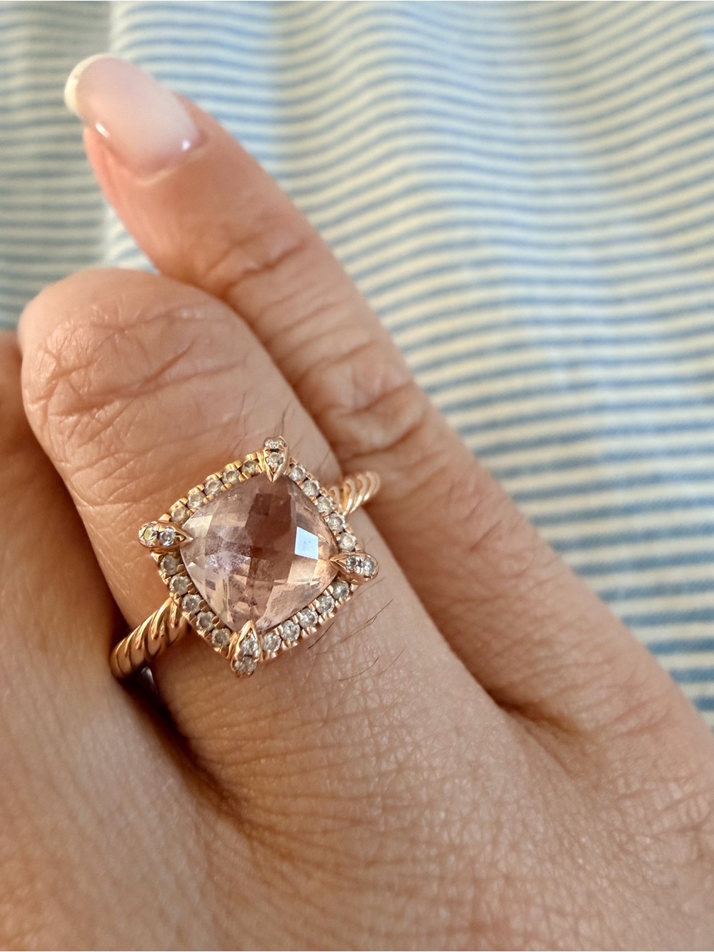 100% Authentic Stunning David Yurman 18k Rose Gold Morganite Ring w/Diamonds